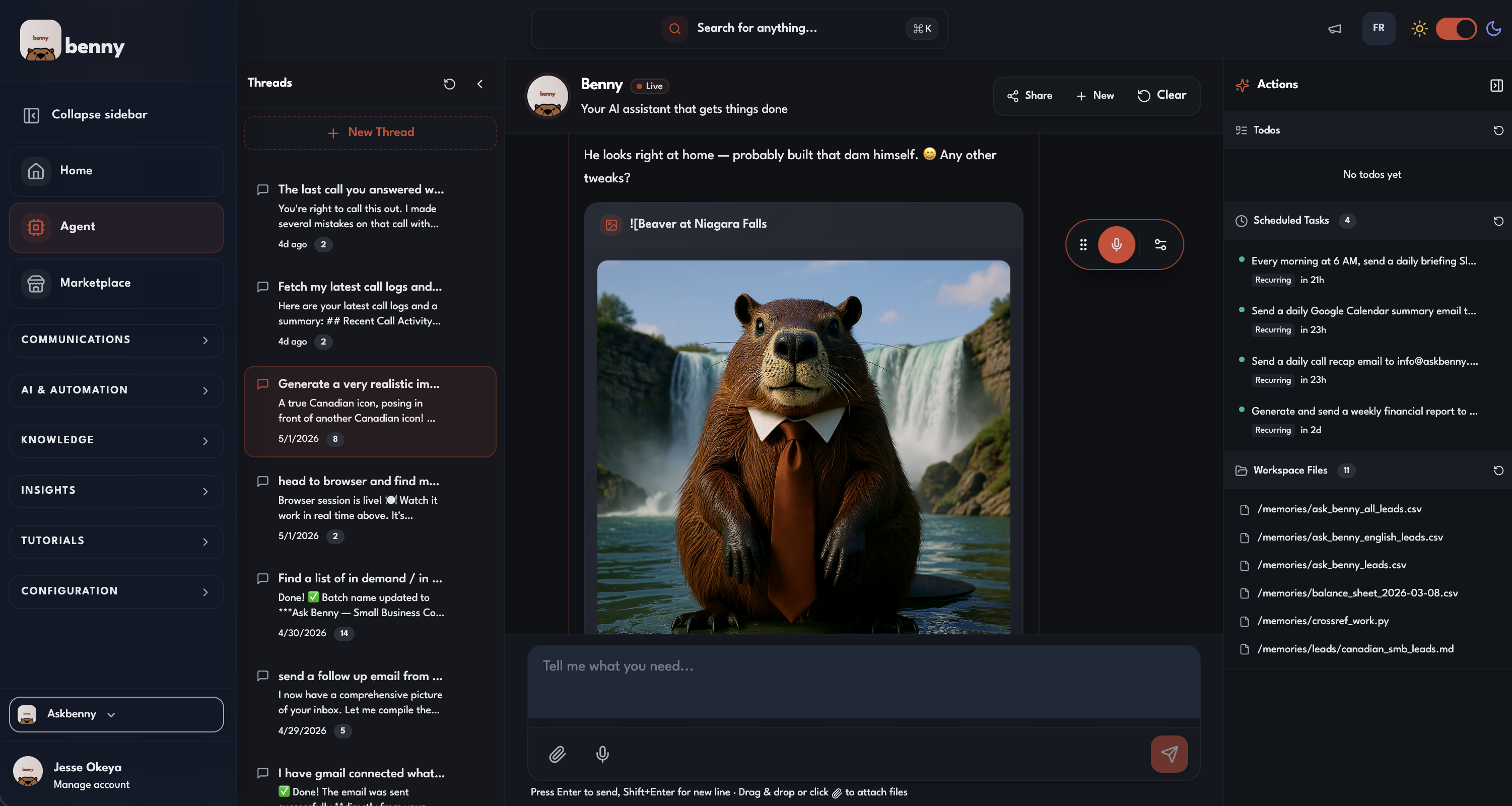 Benny Agent on the web, handling requests through natural conversation