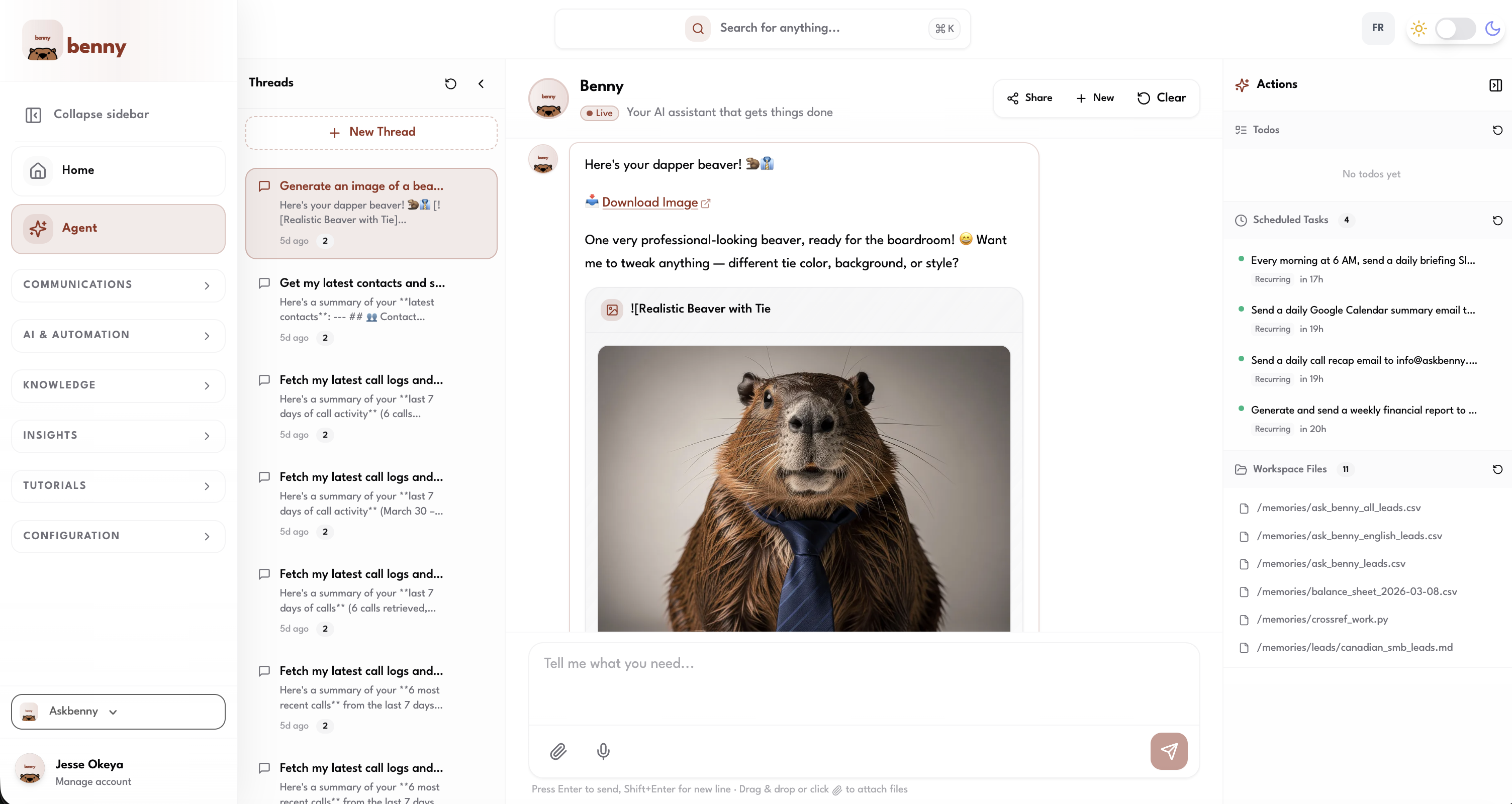 Benny Agent on the web, fetching call logs, generating images, and handling requests through conversation