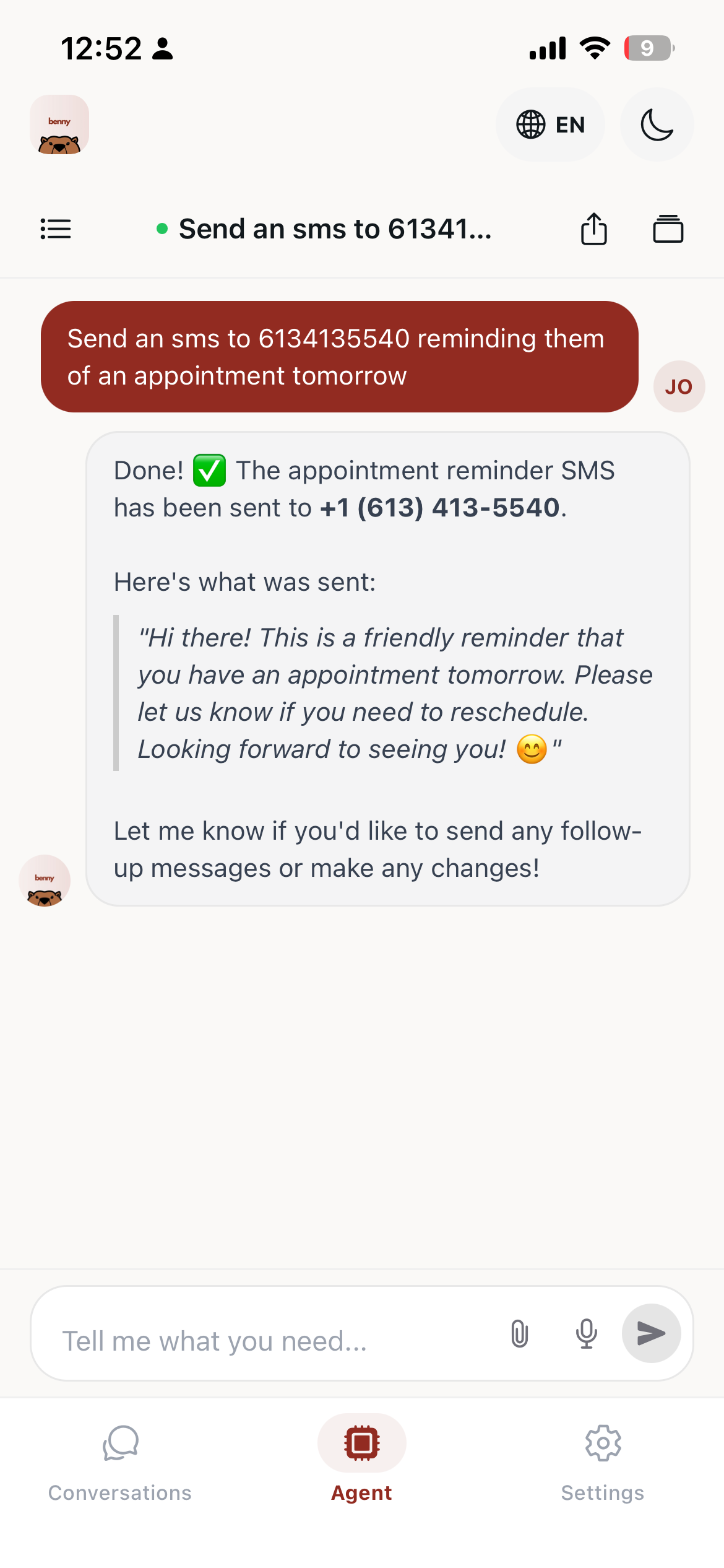The AskBenny mobile agent sending appointment reminders via SMS