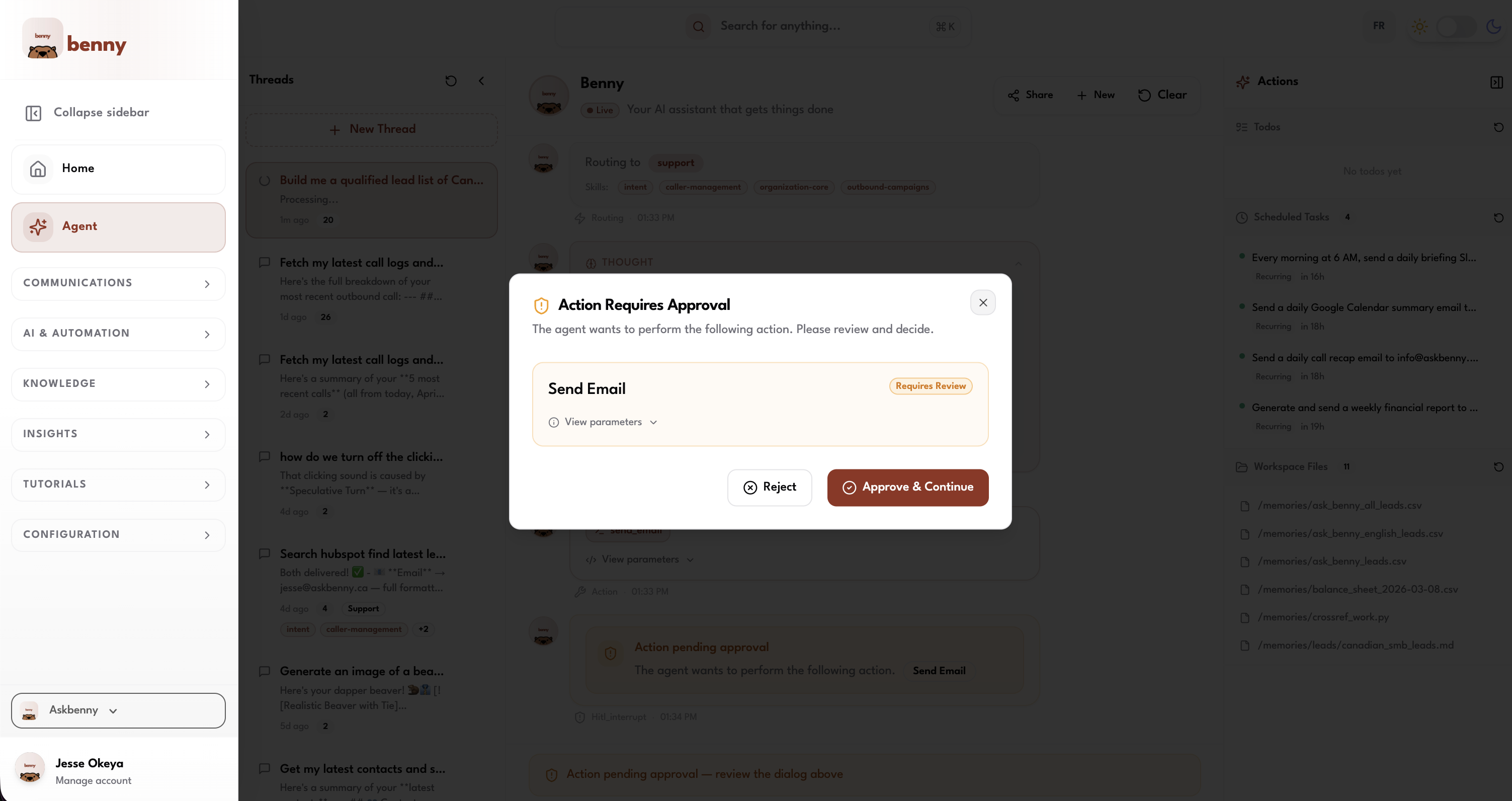 Action Requires Approval dialog in the Benny agent, showing a Send Email action with Reject and Approve options